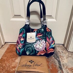 NWT!Leather Satchel Island Escape Black Floral Hand-Painted Leather Shoulder Bag